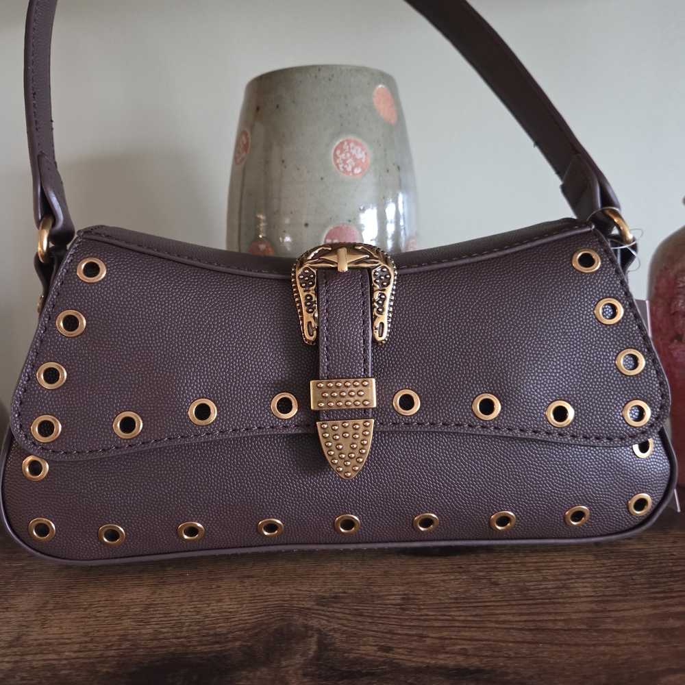 Betsey Johnson Brown Shoulder Bag with Gold Stud Accents